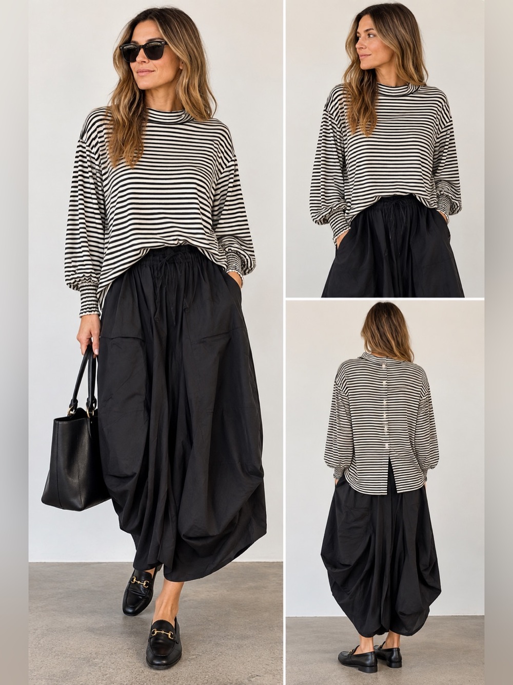 BURU Black Ivory Striped High-Low Button-Back Top XL